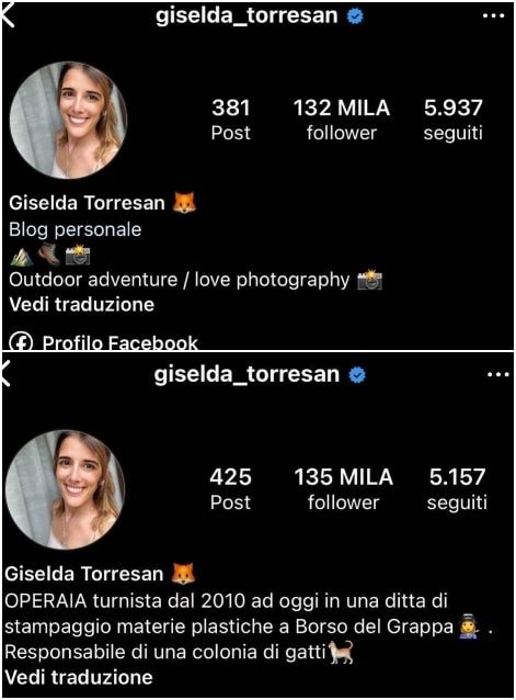 La biografia di Giselda su Instagram prima e dopo il suo ingresso nella casa del Grande Fratello